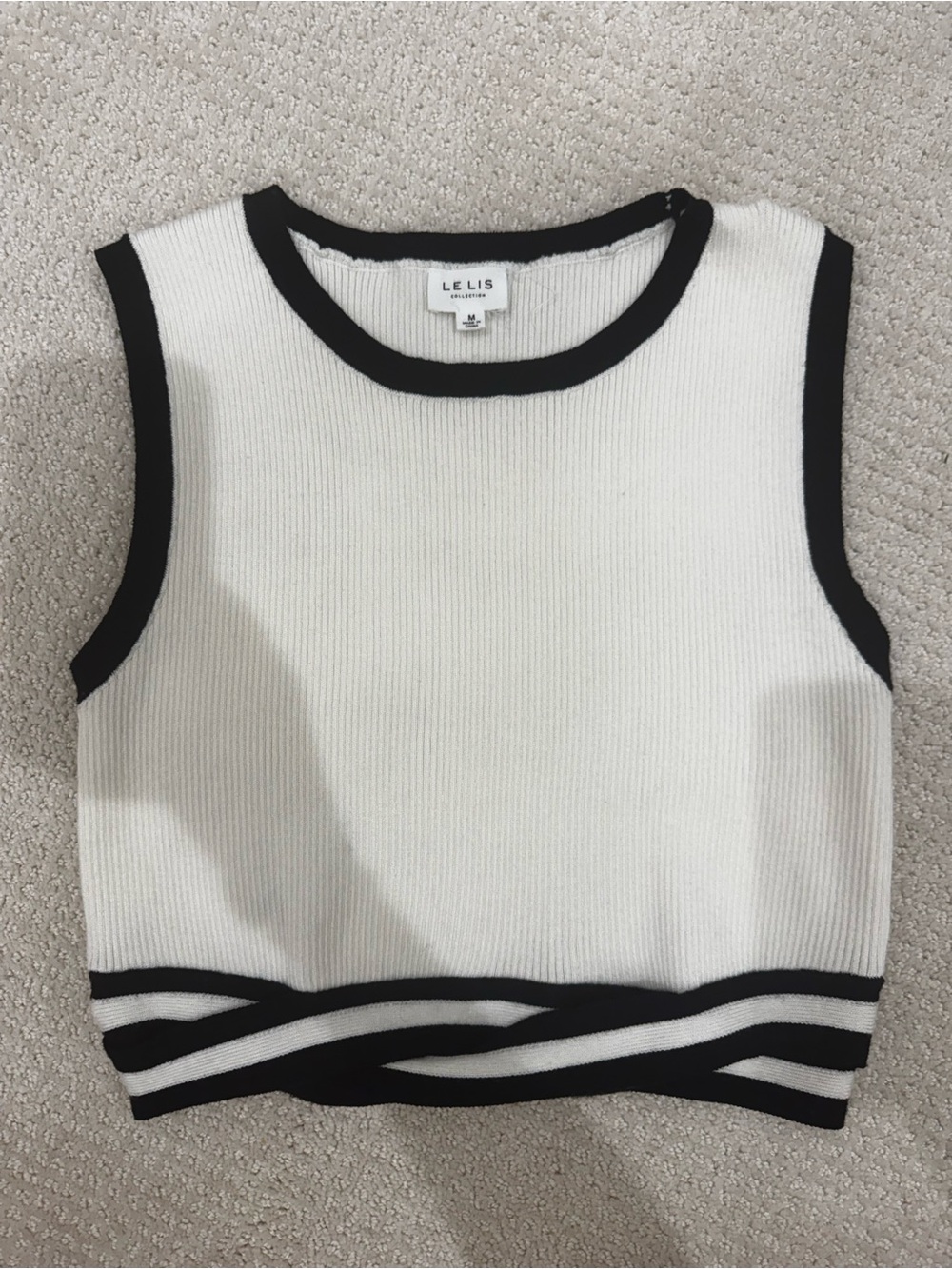 Le Lis Sleeveless Ribbed Crop Top in White with Black Trim